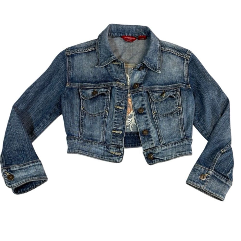 Guess Cropped Y2K Denim Jacket Women S Blue Embroidered Butterfly Stretch Jean - Picture 2 of 8